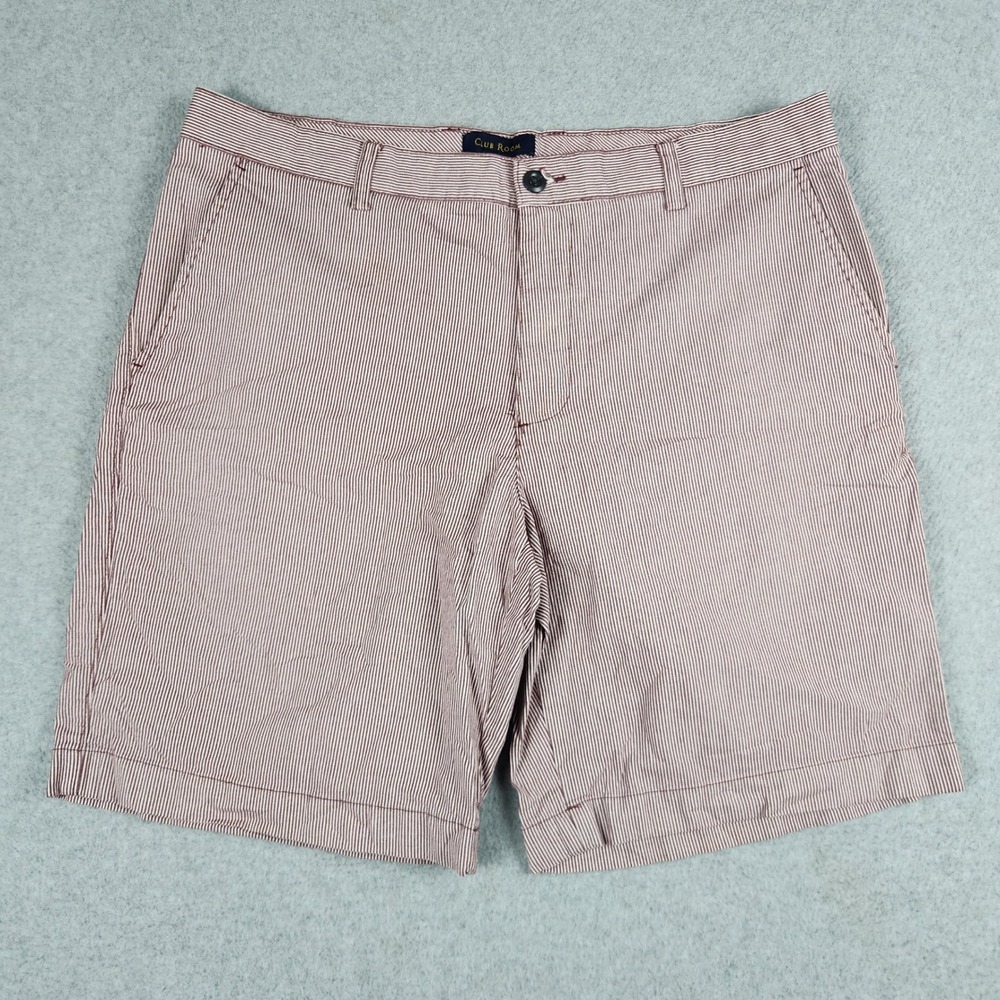 Club Room Chino Shorts Mens 36 Red White Pinstripe Cotton Comfort Flat Front